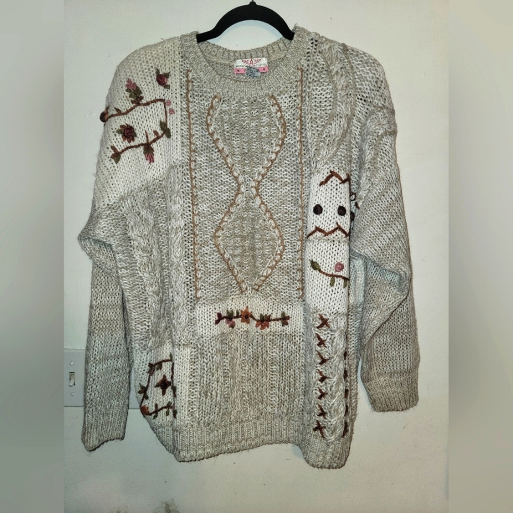 Vintage 2X Knit Embroidered Stretch Neutral Sweater Cottagecore Boho Peasant
